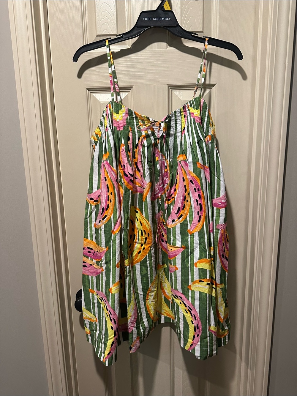 Free Assembly Cotton Pintuck Striped Fruit Print Mini Dress